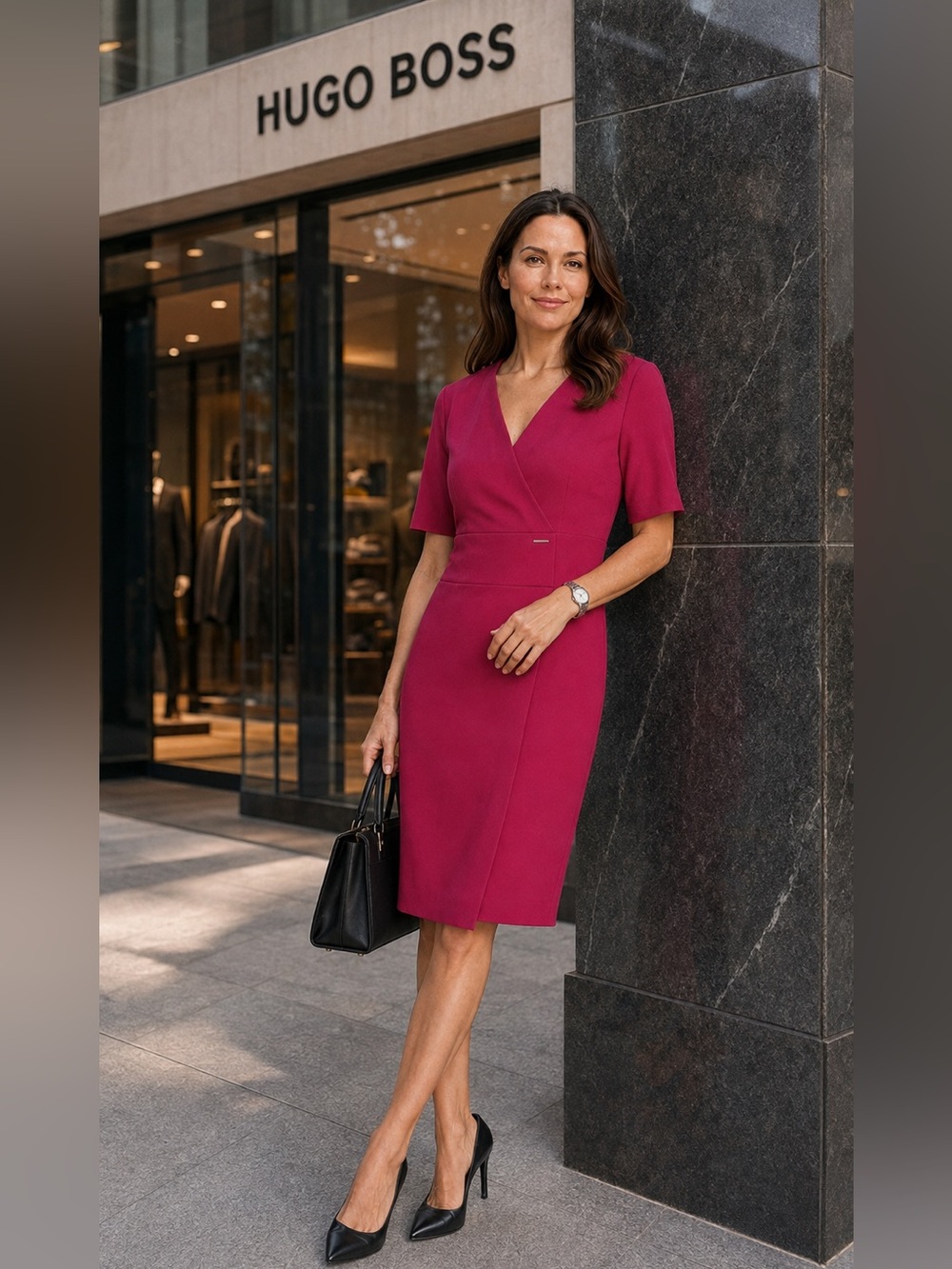BOSS Delaiah Pink Virgin Wool Wrap-Effect Sheath Dress US 10